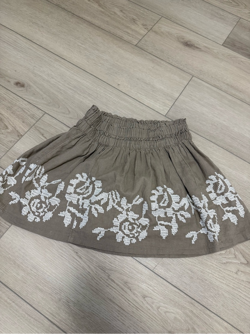 aerie Taupe Mini Skirt with White Floral Embroidery